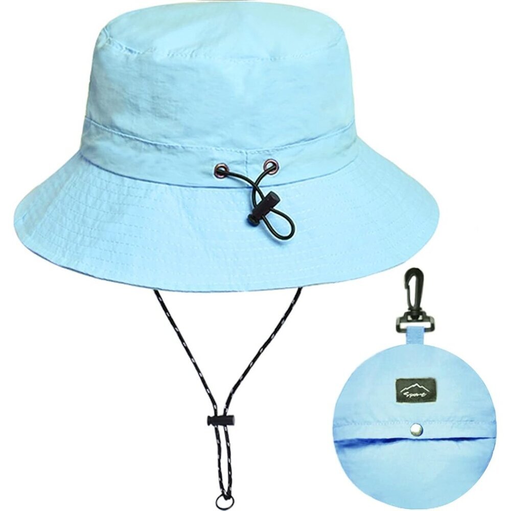 Unisex Blue 100% Nylon Wide Brim Uv Protection Chin Strap Packable Bucket Hat